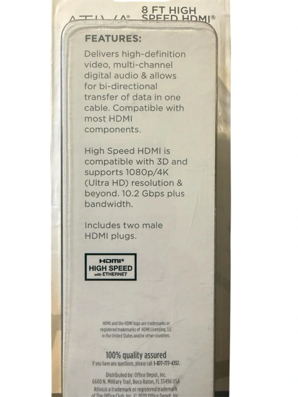 High Speed HDMI Ethernet Cable, 8ft, bi- directional, 2 male plugs